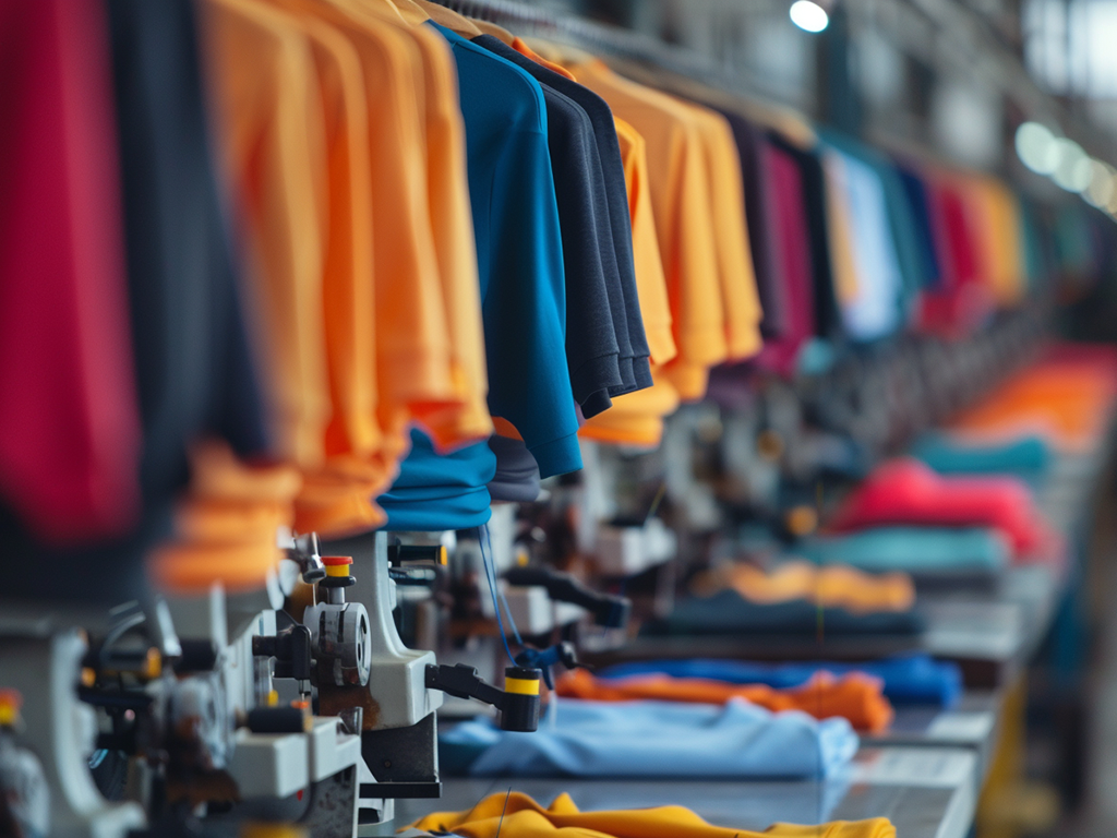 Row of brightly colored shirts on a production line, with sewing machines in a factory setting.