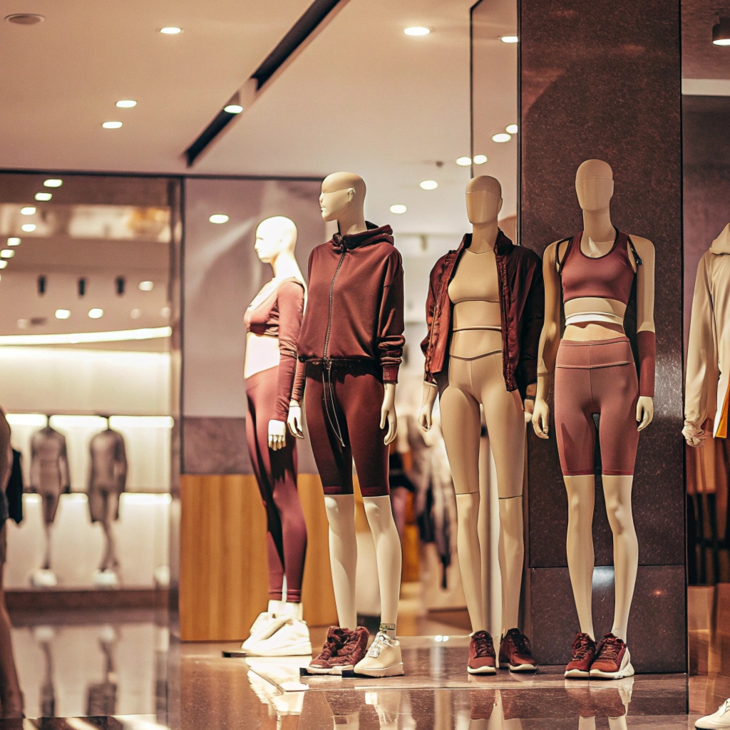 Mannequins dressed in coordinated workout outfits, featuring sports bras, leggings, and jackets, in a modern retail store.