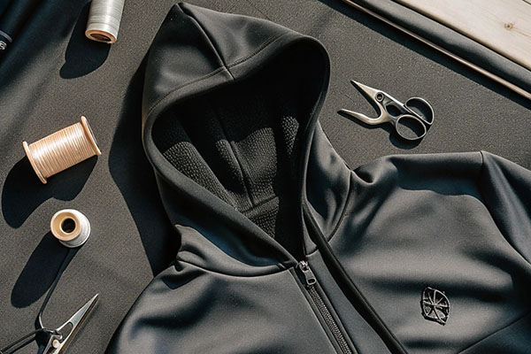 A black hoodie laid flat surrounded by scissors, threads, and sewing tools, emphasizing craftsmanship and design.