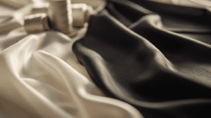 Smooth black and white fabric draped together with beige thread spools in soft lighting.