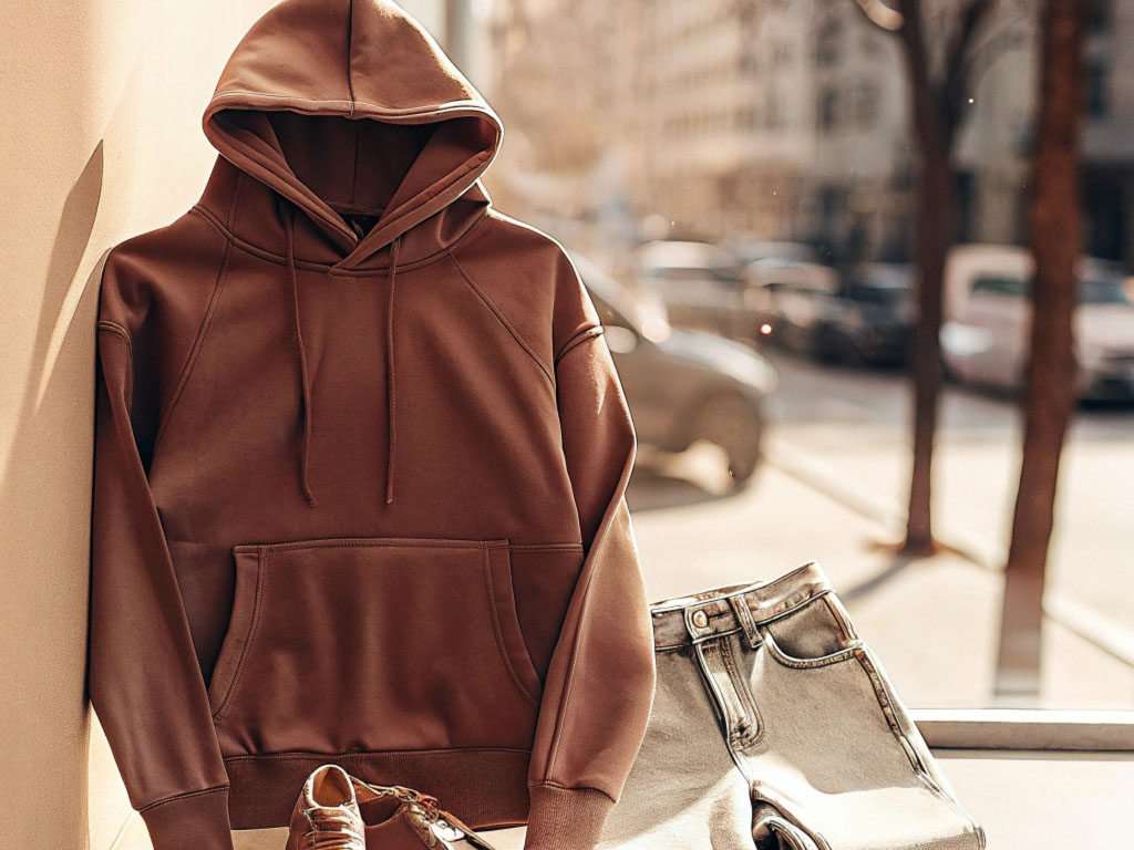 Stylish brown hoodie displayed with denim shorts and sneakers in a sunny window with an urban street view.