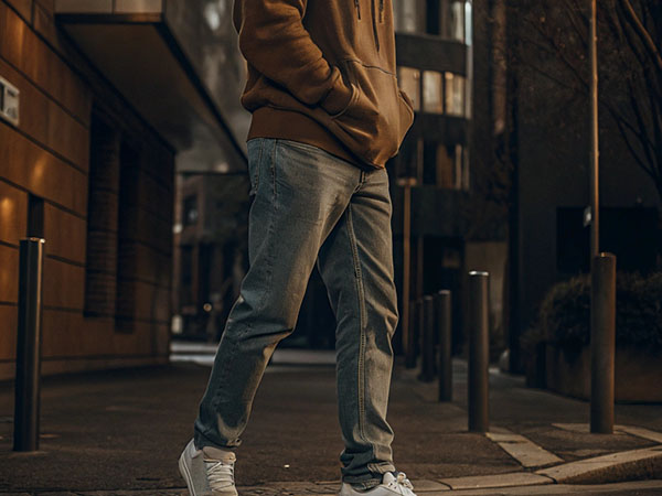 Person wearing a brown hoodie with blue jeans and white sneakers, standing in a dimly lit urban street setting.