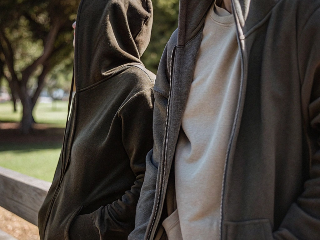 Two individuals wearing comfortable dark green and gray hoodies, standing in a park with trees and sunlight in the background.