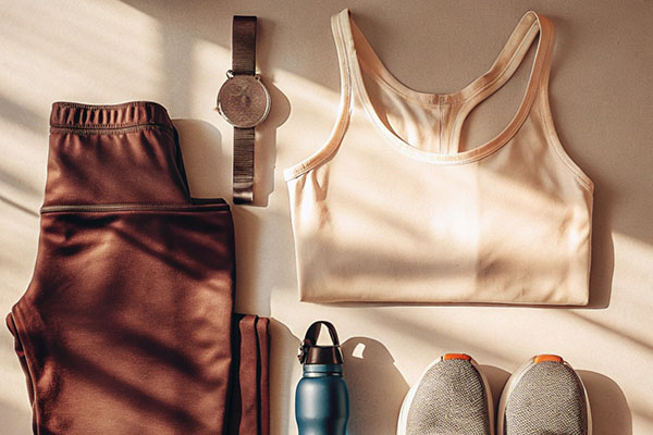 Flat lay of beige sports bra, brown leggings, smartwatch, water bottle, and sneakers arranged under soft sunlight.