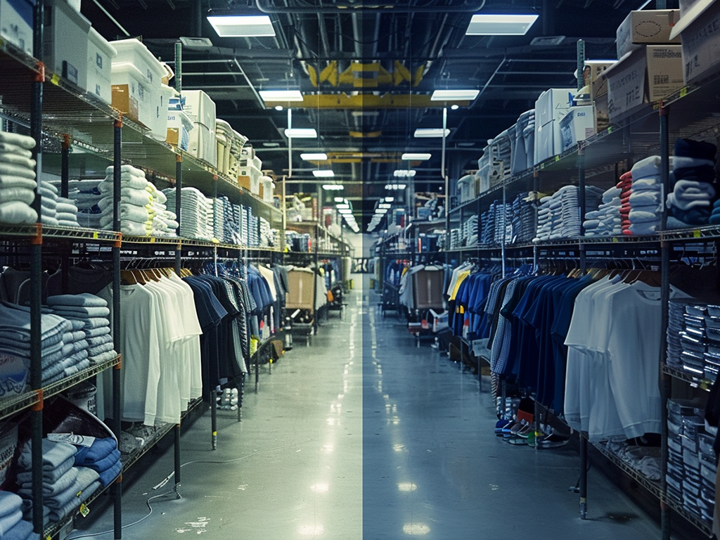 Shelves filled with folded clothes and hanging shirts in a large warehouse.