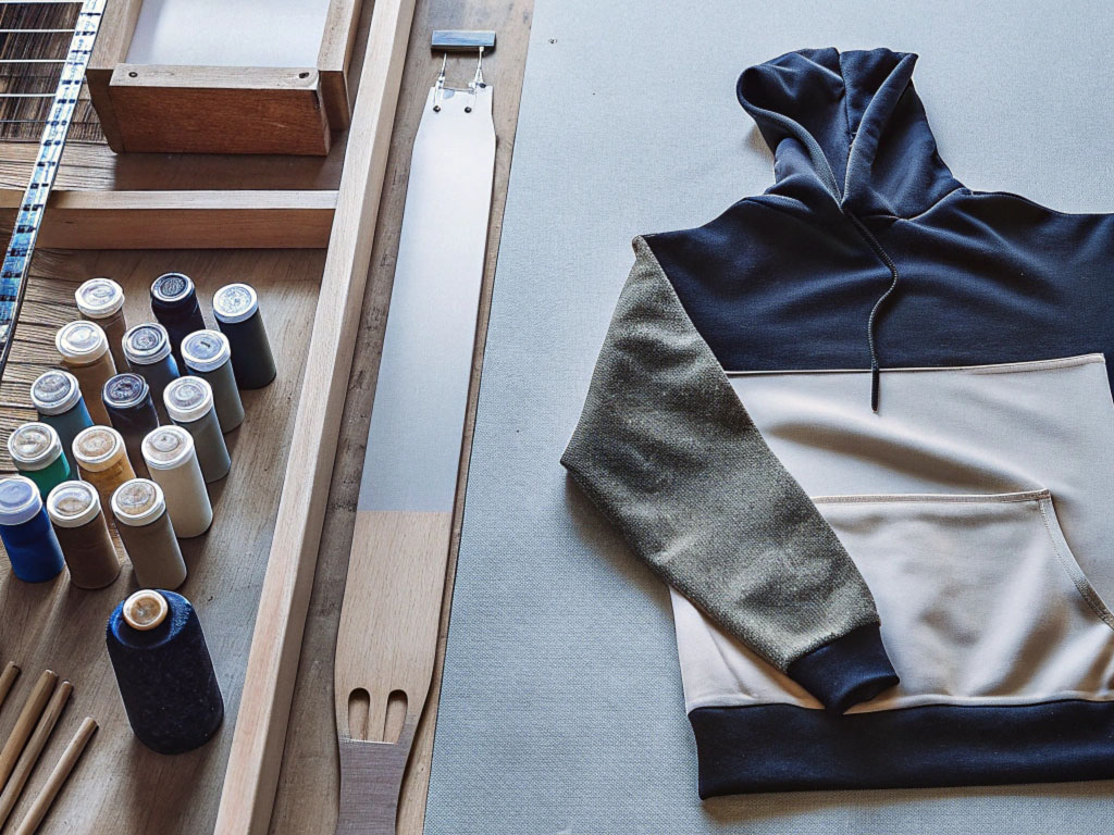 Black, beige, and olive color-blocked hoodie displayed with sewing tools, spools of thread, and fabric materials on a wooden surface.