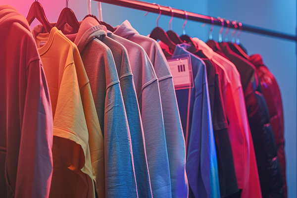 A rack of vibrant hoodies and jackets under dramatic pink and blue lighting in a retail display.