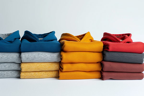 Stacks of folded hoodies in vibrant colors including blue, yellow, and red, arranged on a white surface.