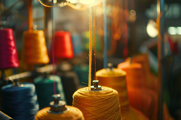 Close-up of vibrant thread spools on industrial machines in soft sunlight.