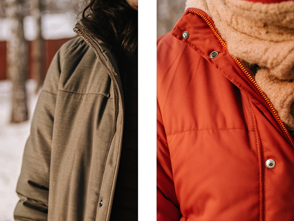 Close-up views of khaki and orange winter jackets paired with soft scarves in snowy weather.