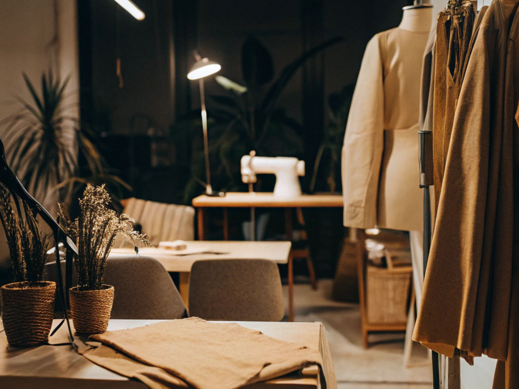 A warmly lit sewing studio with fabric rolls, a mannequin, a sewing machine on a wooden table, and potted plants adding a cozy atmosphere.