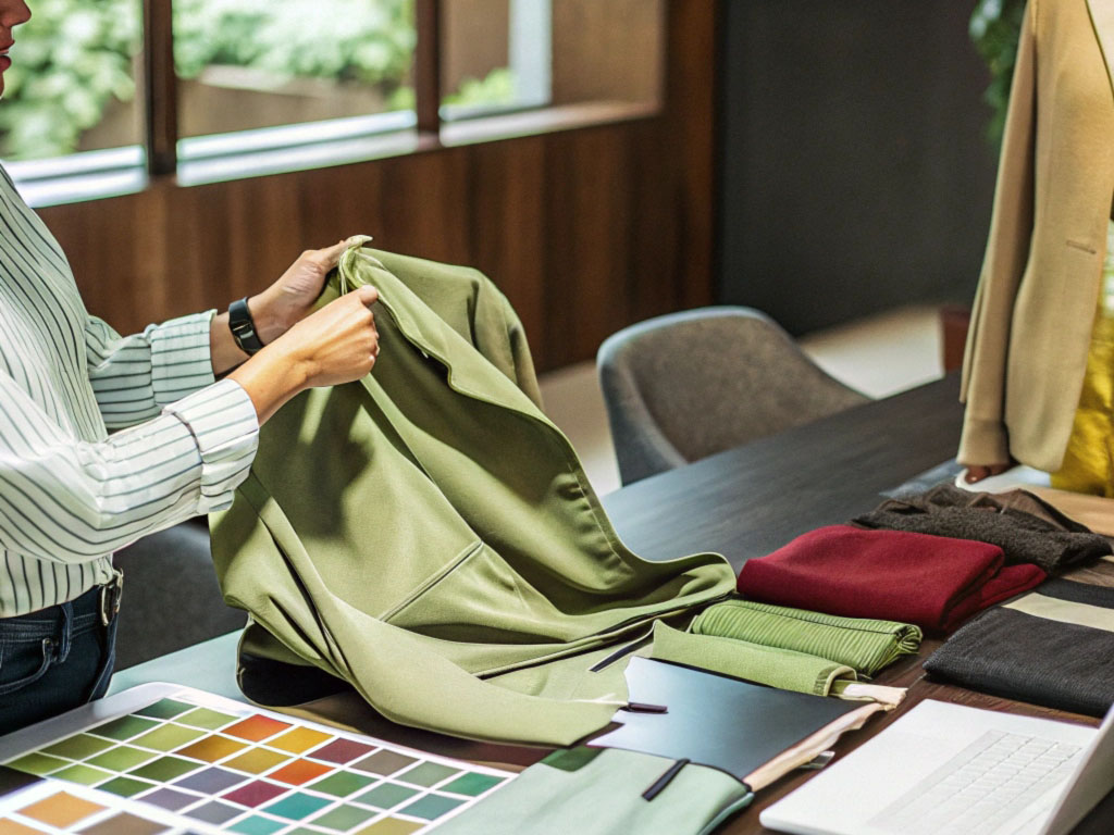 A designer inspecting green fabric with color swatches, folded materials, and a laptop on the table in a well-lit workspace.