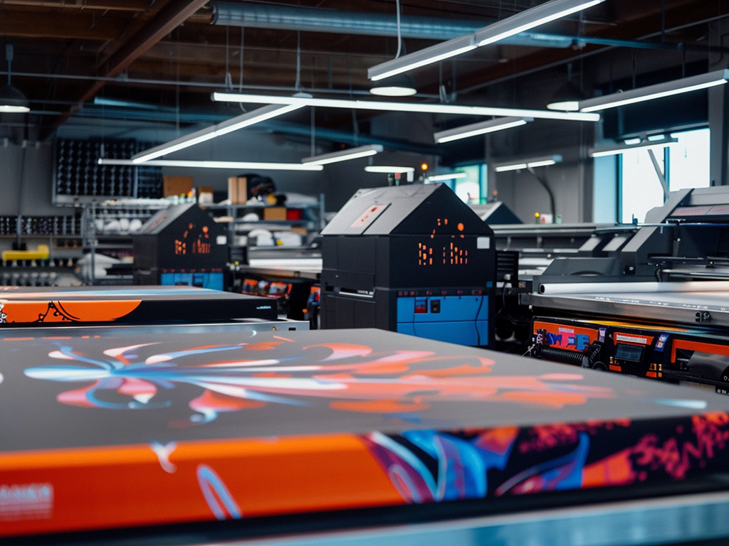 Modern fabric printing machines in a well-lit studio producing vibrant, detailed designs on large materials.