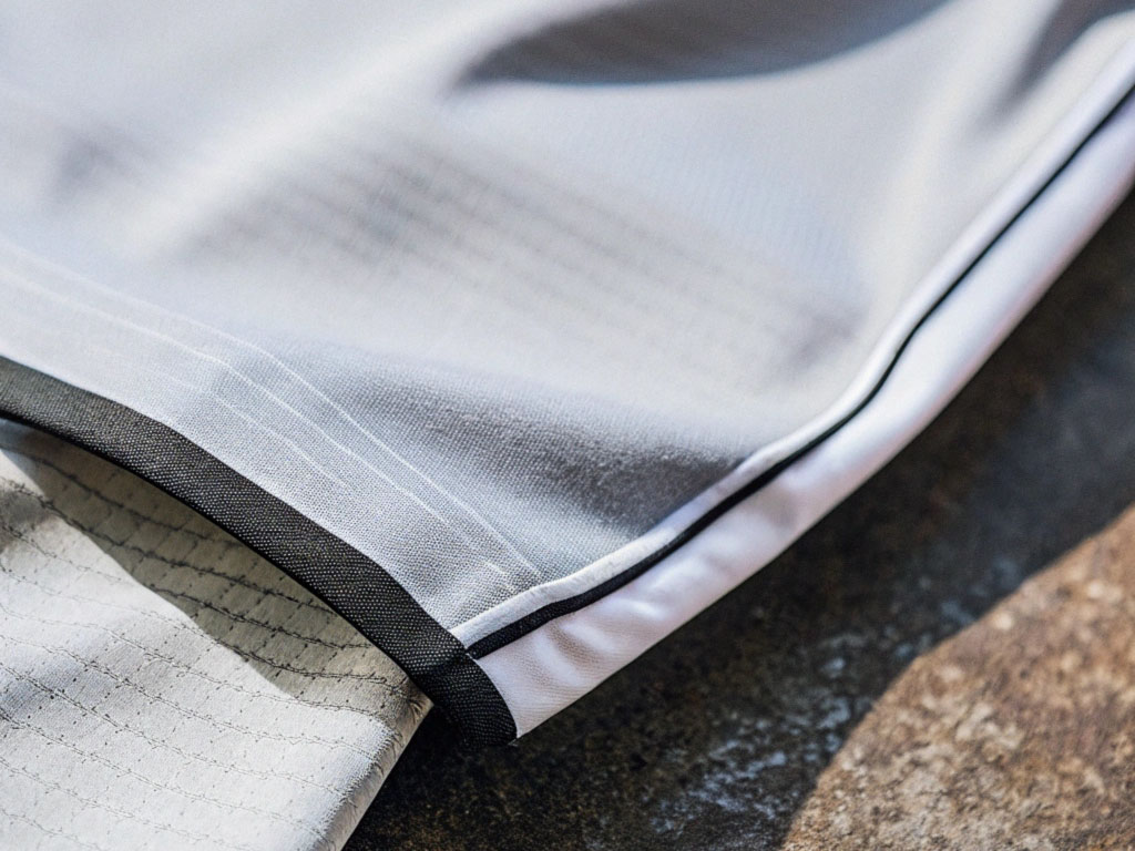 Close-up of layered gray and white performance fabric with reinforced stitching and textured details.