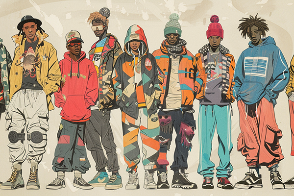 A lineup of diverse streetwear styles featuring vibrant jackets, pants, and accessories with unique patterns.