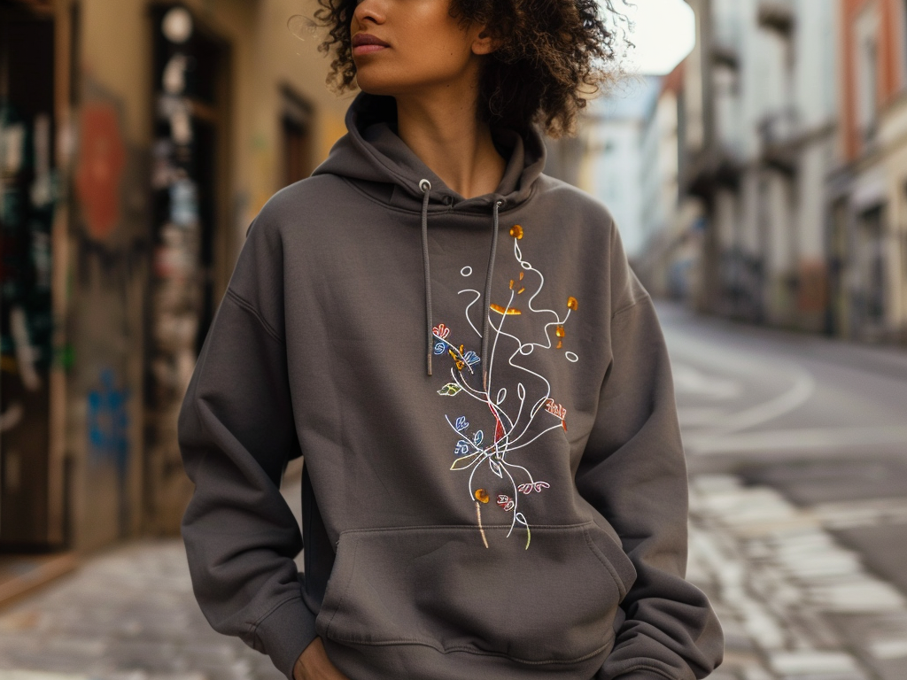 A woman wearing a gray hoodie with intricate floral embroidery stands on a city street.