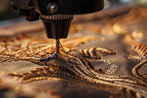 Close-up of a sewing machine embroidering golden and blue patterns on fabric.