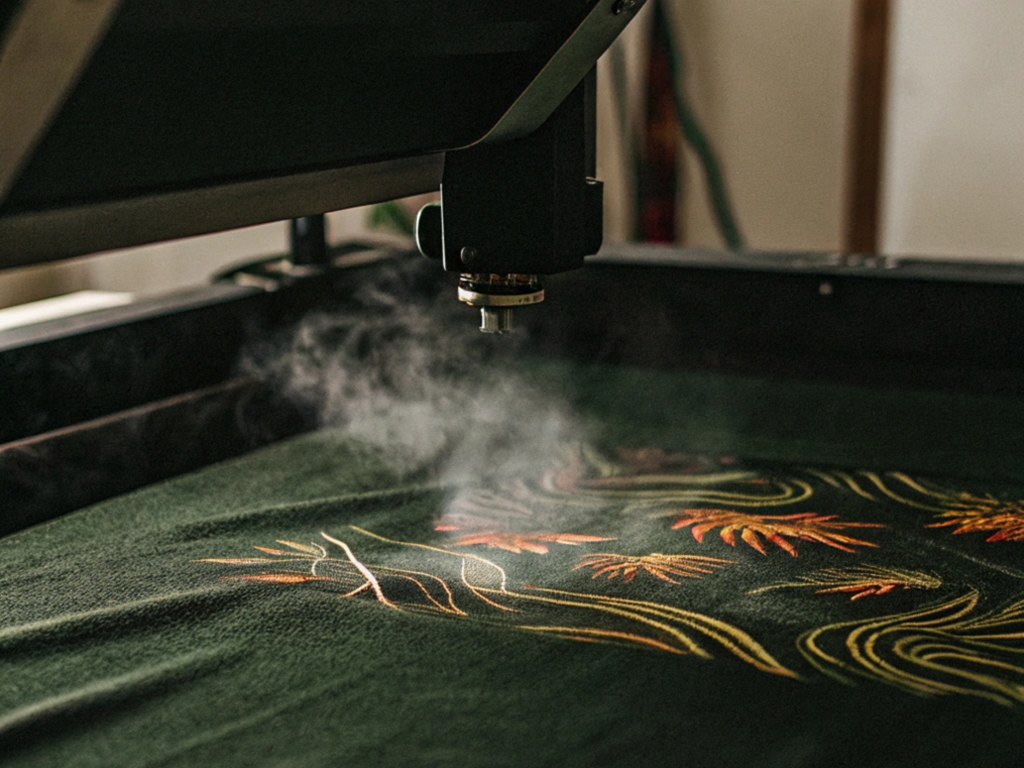 Close-up of an embroidery machine stitching a vibrant floral design on green fabric with visible steam.