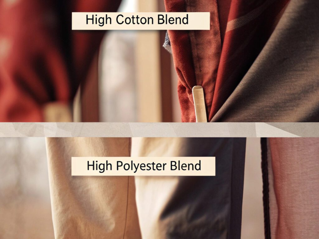 Close-up of high cotton and polyester blend fabrics, showcasing texture and durability differences.