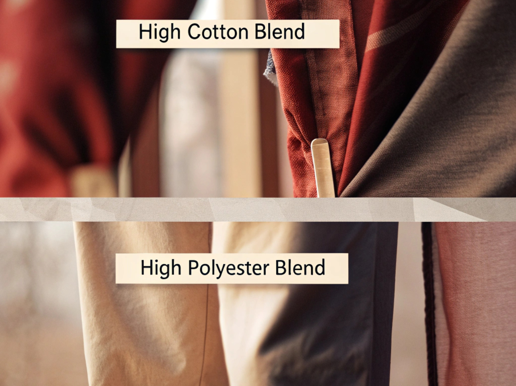 Close-up of high cotton and polyester blend fabrics, showcasing texture and durability differences.