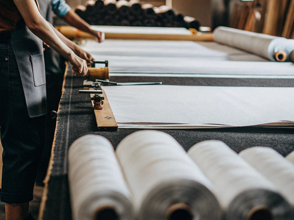 Workers cutting large rolls of white fabric on a long industrial table in a textile workshop, surrounded by rolls of fabric and cutting tools.