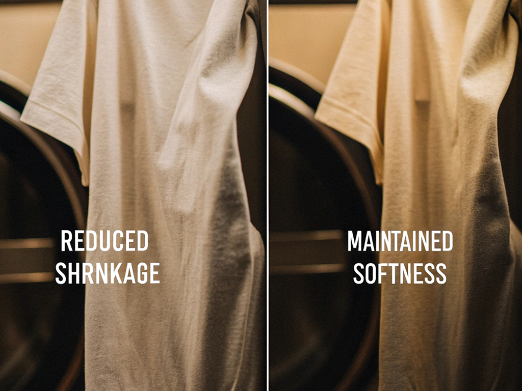 Side-by-side comparison of a garment showing reduced shrinkage and maintained softness after washing.