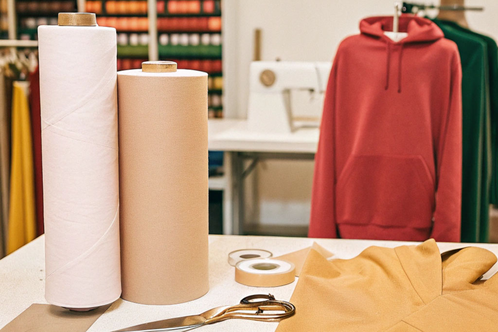 Beige and white fabric rolls on a table with scissors, tape, and a red hoodie in a sewing workshop.
