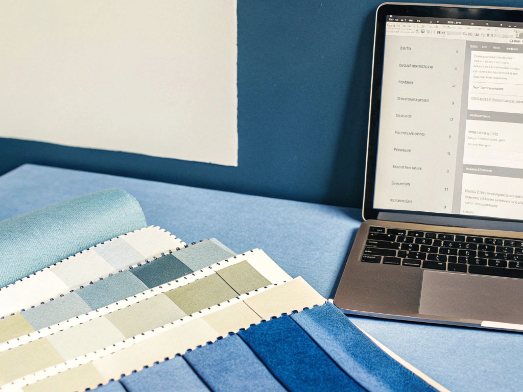 A selection of blue and green fabric swatches laid out on a table beside a laptop displaying design-related information.