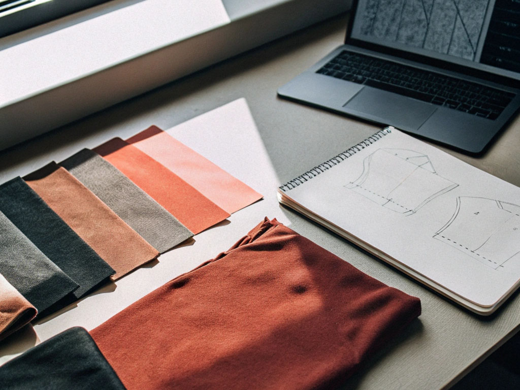 Fabric swatches in warm tones, a sketchpad with hoodie patterns, and a laptop on a sunlit table.