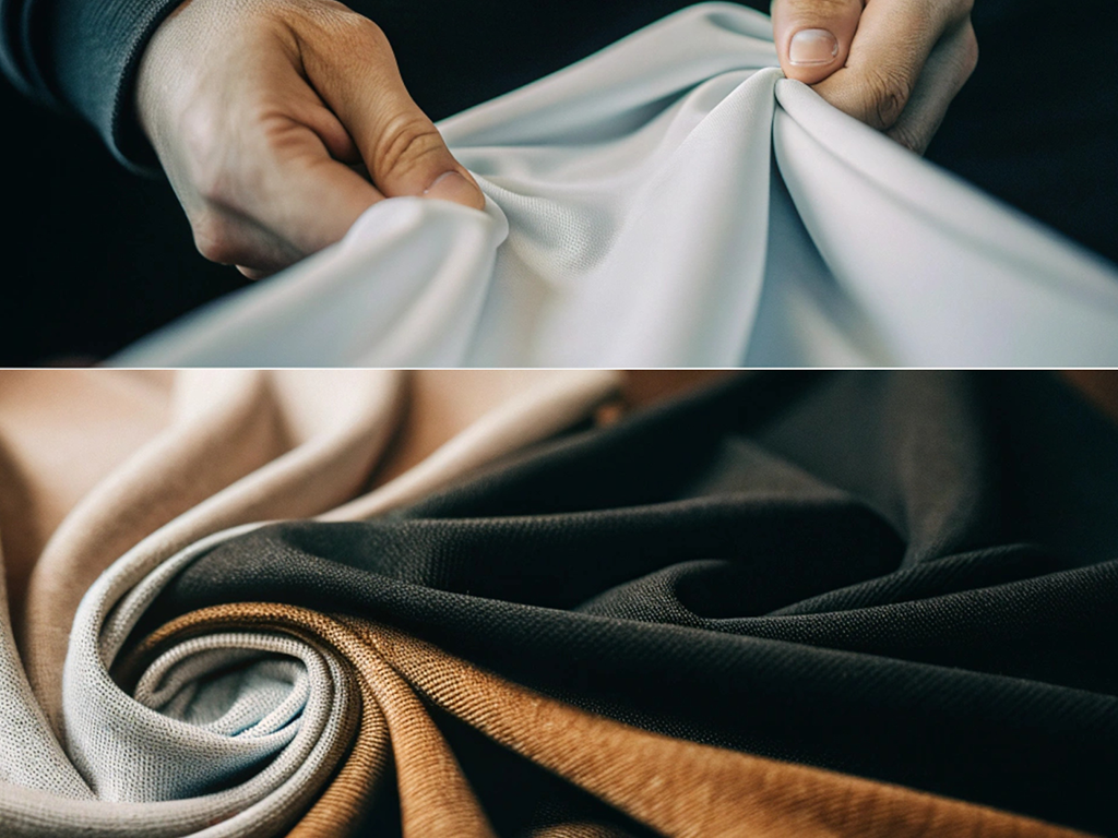 Close-up of hands inspecting soft white fabric and a swirl of multi-colored fabric textures, including beige, black, and brown.