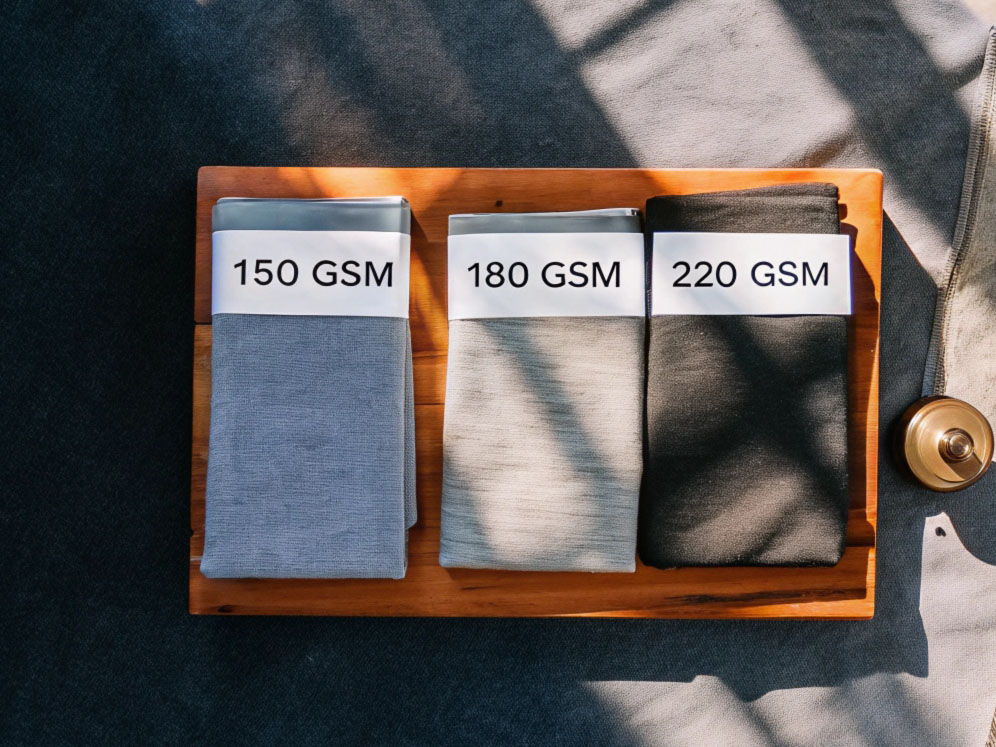 Three fabric samples labeled 150 GSM, 180 GSM, and 220 GSM are neatly folded on a wooden tray, showing different fabric thicknesses and weights.