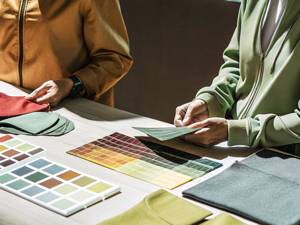 Two people reviewing fabric swatches and color palettes on a table, wearing green and orange jackets.