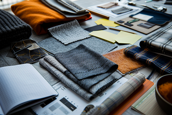 Table with various fabric swatches, color samples, and design tools for apparel creation.