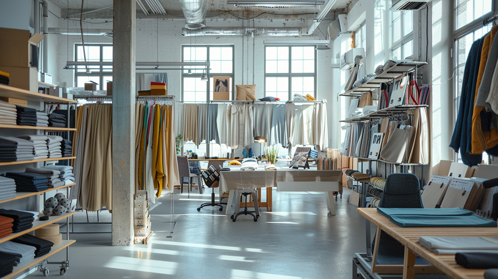 Bright, spacious fabric studio with shelves of folded materials, hanging textiles, and worktables surrounded by natural light.