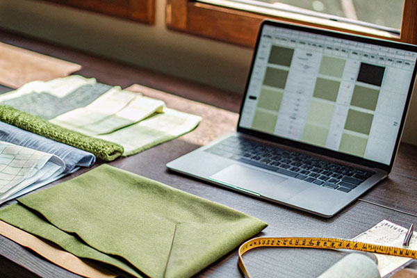 Workspace with green fabric samples, measuring tape, sewing tools, and a laptop displaying color palettes near a window.