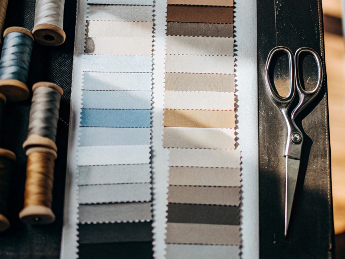 Neutral-toned fabric swatch samples with spools of thread and scissors on a dark table.