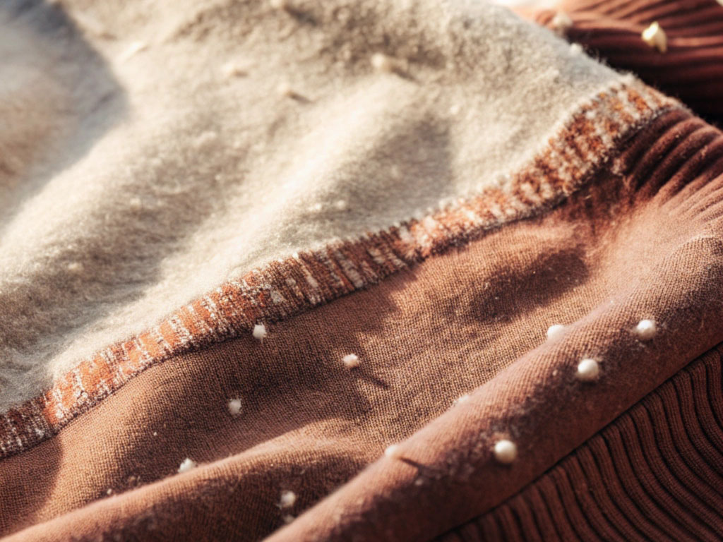 Close-up of a brown and beige fabric showing signs of pilling and wear under natural light.