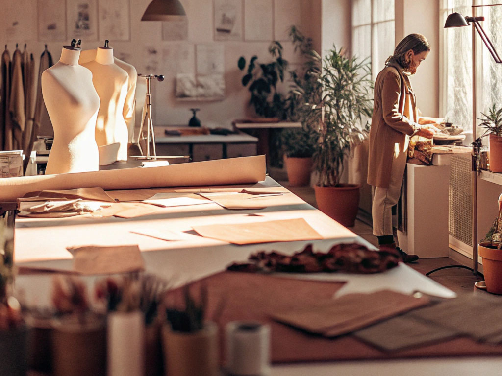 A fashion design studio with mannequins, large tables, fabric patterns, and a designer working near sunlit windows surrounded by plants.