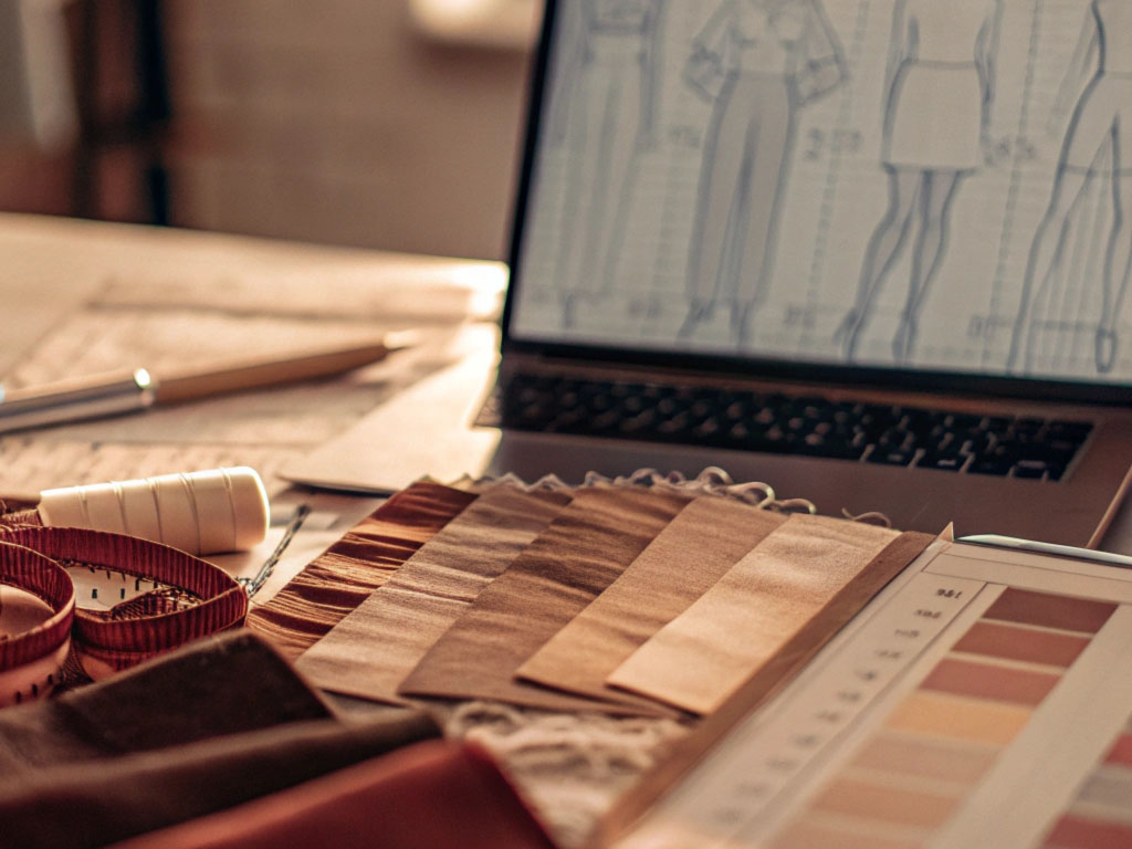 Fabric swatches, measuring tape, thread, and laptop displaying fashion sketches on a designer's workspace.