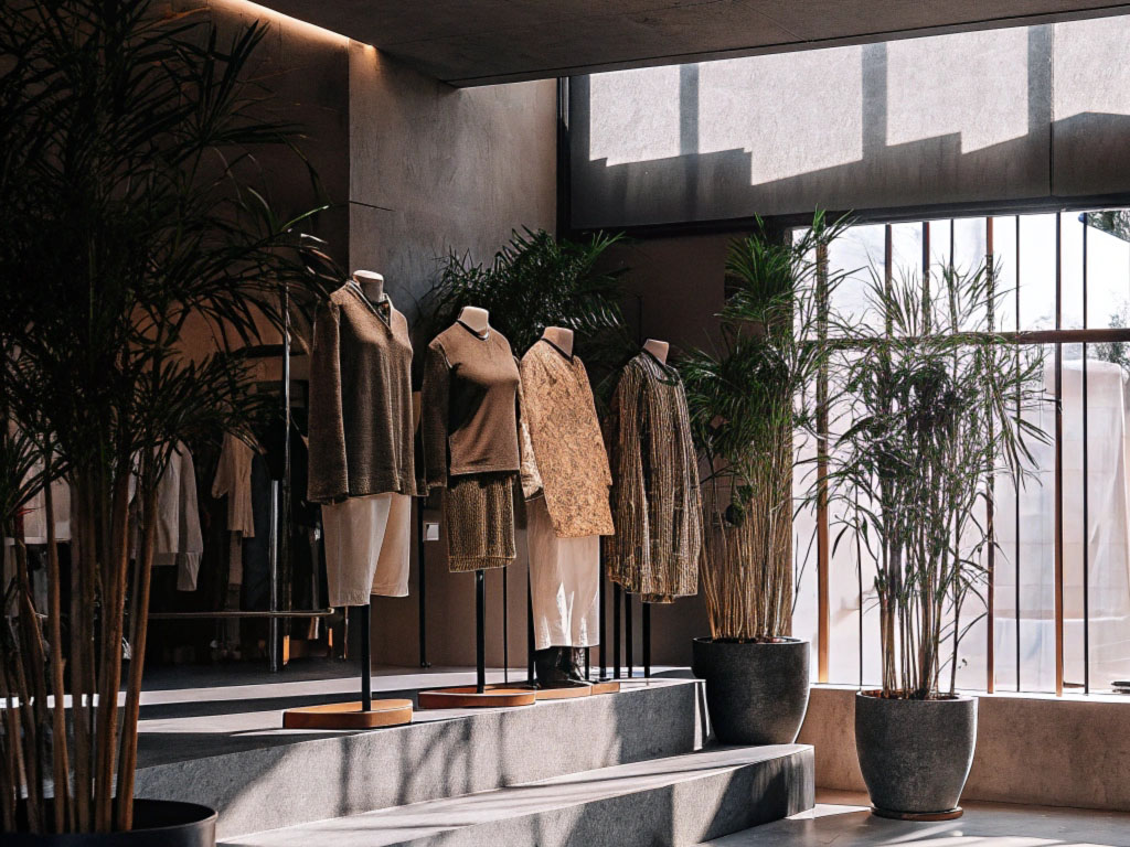 Mannequins dressed in earthy-toned outfits displayed in a minimalist showroom with large plants and natural lighting.