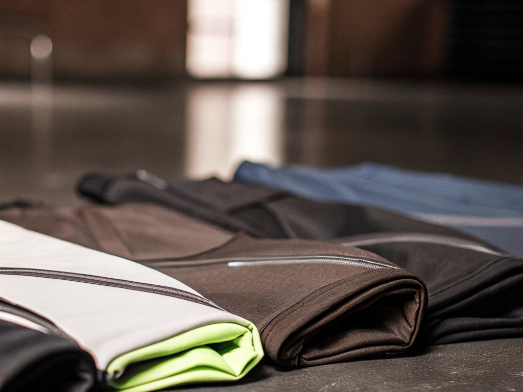 A variety of folded activewear pants in neutral and bright colors arranged on a polished floor.