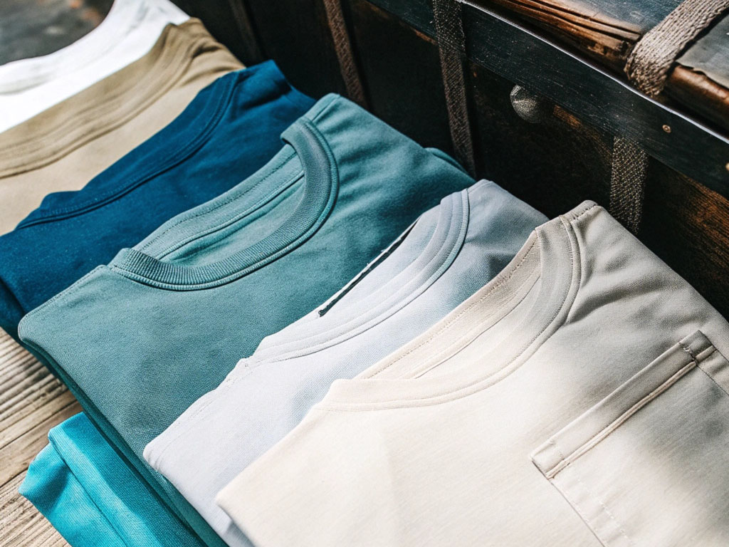A stack of neatly folded t-shirts in various shades of blue, beige, and white, placed on a wooden surface near a rustic chest.