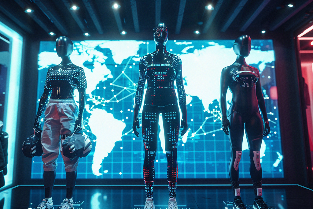 Mannequins in high-tech outfits with illuminated designs against a digital world map backdrop.