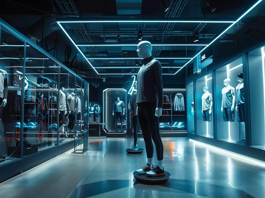 Modern retail store with illuminated displays of mannequins wearing athletic apparel and gear.