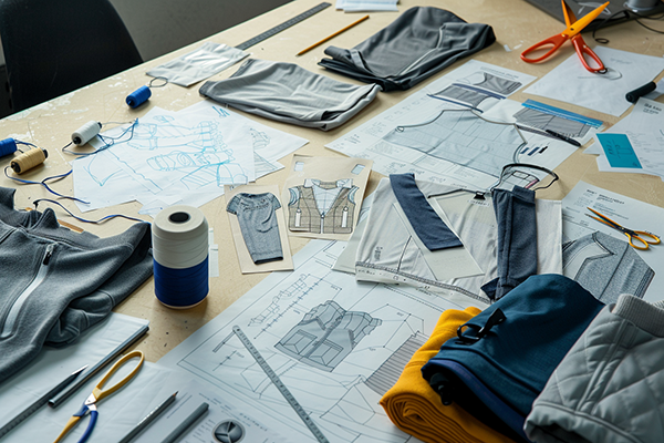 Desk covered with sewing patterns, sketches, fabric samples, and spools of thread for clothing design.