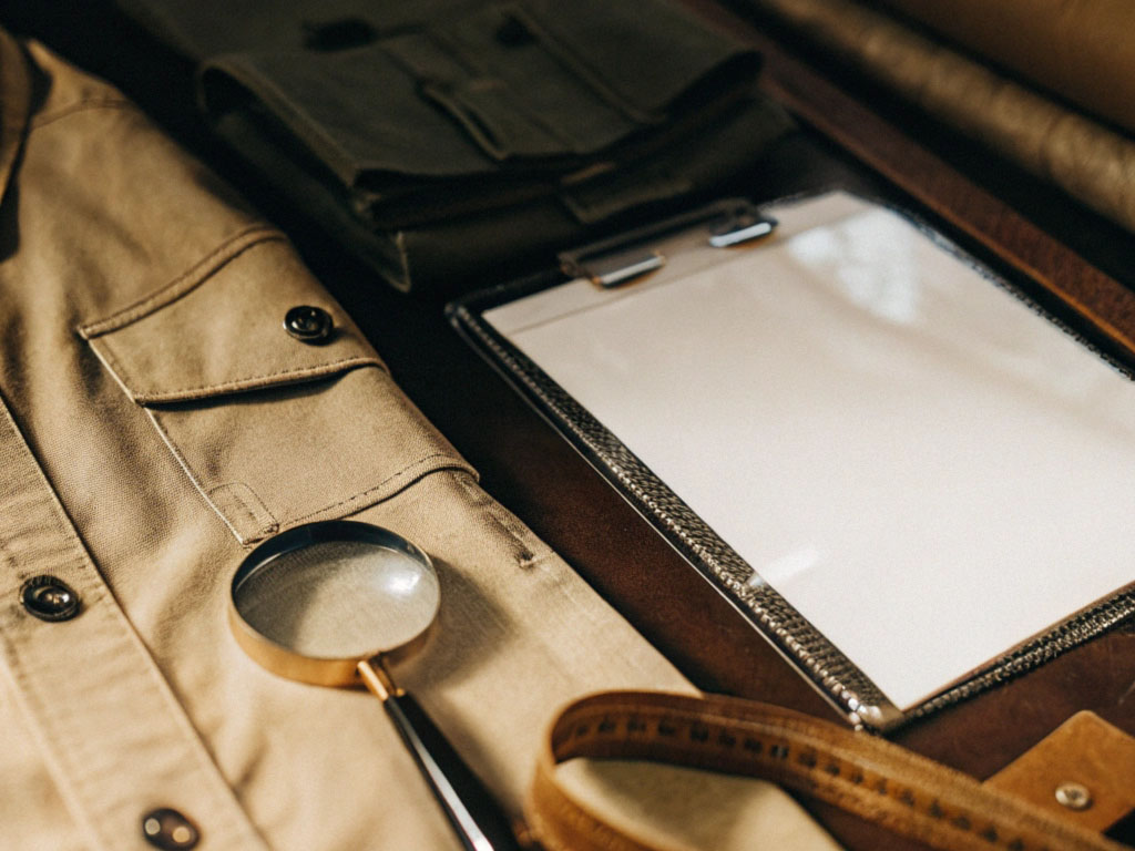 A close-up of a khaki shirt, magnifying glass, clipboard, and measuring tape on a wooden table, highlighting garment inspection tools.