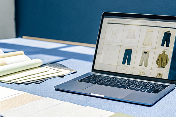 Laptop showing clothing designs surrounded by fabric swatches and pattern books on a blue table under natural light.