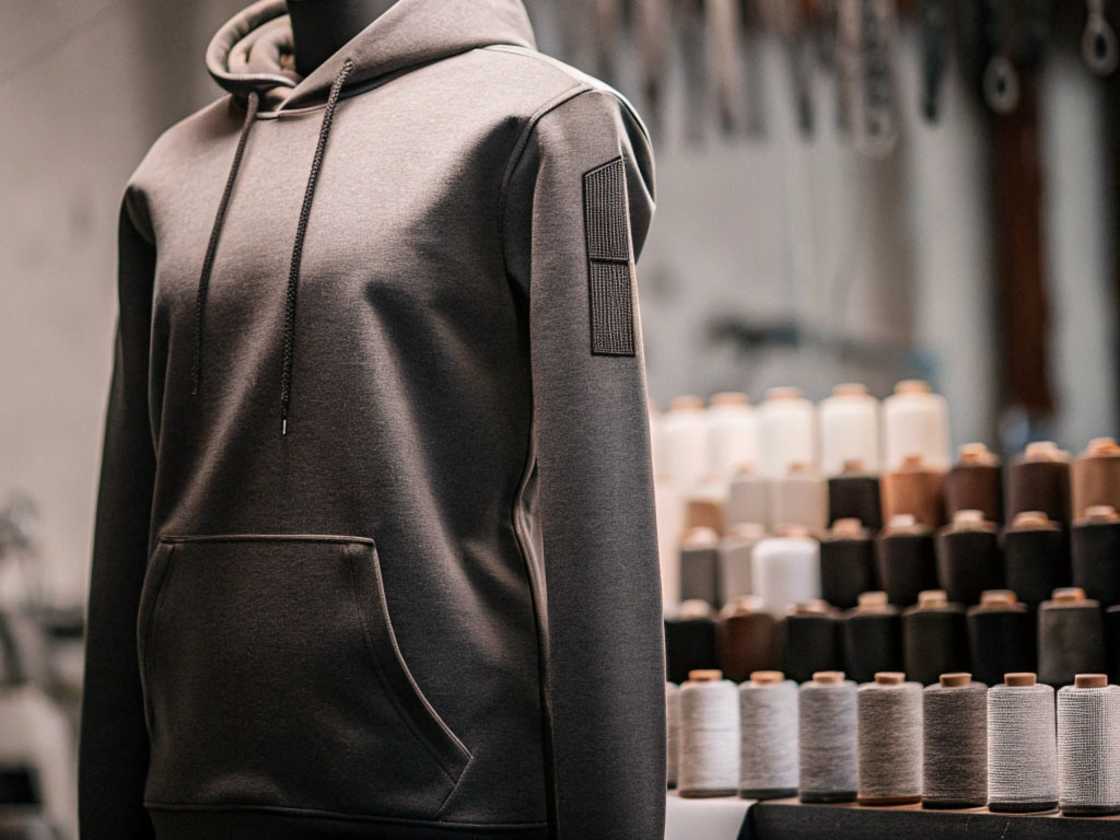 A gray hoodie on a mannequin with thread spools in the background, showcasing fabric details and craftsmanship.