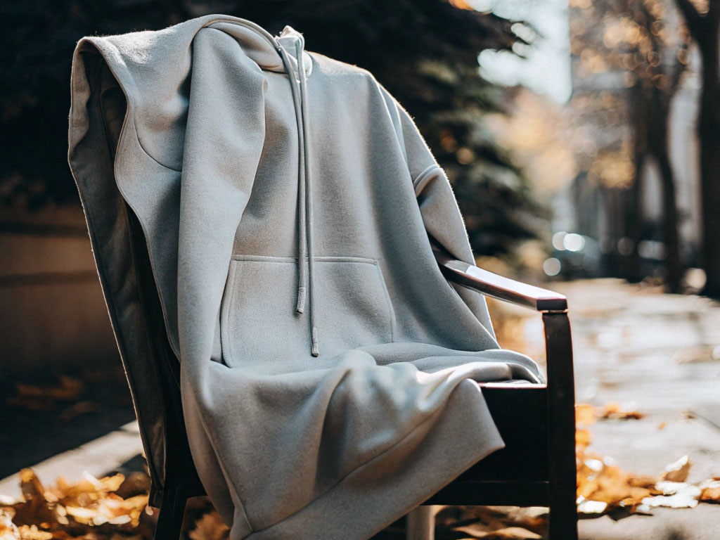 A light gray hoodie draped over a wooden chair outdoors with autumn leaves scattered on the ground.