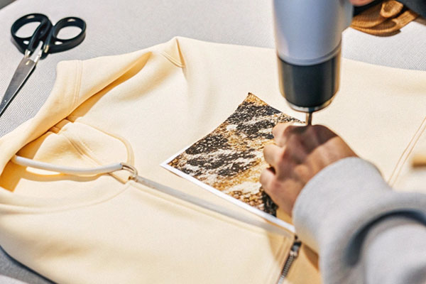 Person using a heat press tool to apply a graphic design onto a yellow hoodie, with scissors in the background.